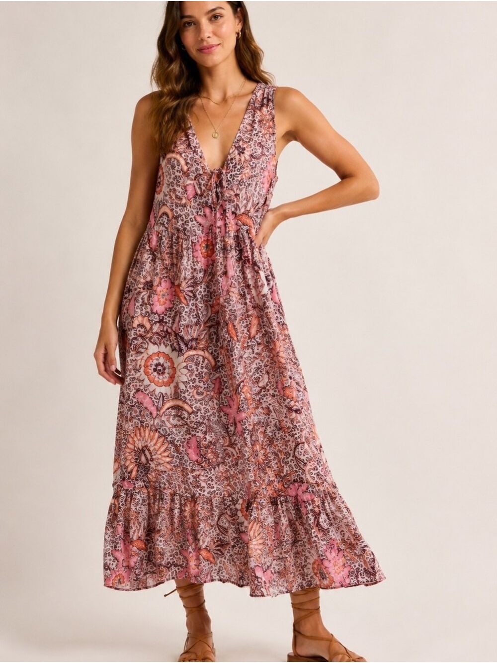 Madewell Floral Maxi Dress Size 8 Pink Burgundy Tiered V Neck Boho
